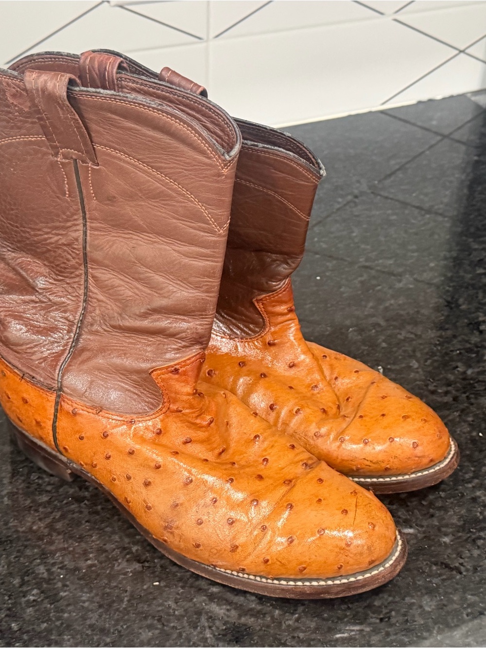 Larry Mahan Men's Brown Two-Tone Ostrich Leather Western Boots